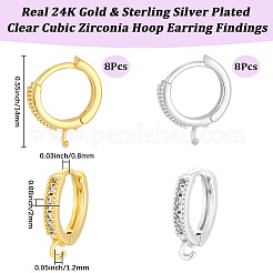 真鍮フープピアス金具 2色 16個  クリアキュービックジルコニア  カン付き  ゴールデン＆シルバー  14x2mm  穴：1.2mm  ピン：0.8mm  8個/カラー&nbsp;FIND-BBC0005-13