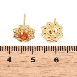 真鍮製 マイクロパヴェ キュービックジルコニア スタッドピアス 女性用  花  カドミウムフリー＆鉛フリー  長持ちメッキ  ラックめっき  18KGP本金メッキ  レッドオレンジ  9.5x10.5mm&nbsp;KK-A305-03G-05