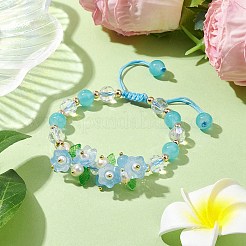 女性用フラワーガラス＆アクリル編みビーズ調節可能ブレスレット  空色  内径：2~3インチ（5~7.5cm）&nbsp;BJEW-JB10446-01