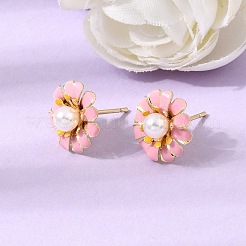 真鍮エナメルスタッドピアス  花  abs樹脂ビーズ  鉛フリー＆カドミウムフリー  ラックめっき  長持ちメッキ  18KGP本金メッキ  ミックスカラー  13.5~14mm&nbsp;KK-CBA8324-27G