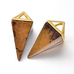 天然＆合成混合石ポイント振り子ペンダント  ゴールデンメッキ真鍮パーツ  30~34x15x15mm  穴：5x6mm&nbsp;G-E301-G