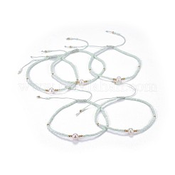 調整可能ナイロンコードビーズ編みブレスレット  日本産シードビーズとパール  紺碧  2インチ〜2-3/4インチ（5~7.1cm）&nbsp;X-BJEW-P256-B07