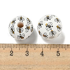 プリントウッドヨーロピアンビーズ  ミツバチの模様でラウンド  ホワイト  15.5~16mm  穴：4~4.5mm&nbsp;WOOD-G022-10B