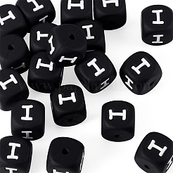 20個の食品グレードの環境に優しいシリコーンビーズ  水平穴  キューブ  ブラック  文字I  12x12x12mm  穴：2mm&nbsp;SIL-TADJ0001-04I