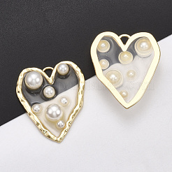 エポキシ樹脂ペンダント  合金のパーツとABSプラスチックイミテーションパール  ハート  ライトゴールド  透明  36x31x8mm  穴：2mm&nbsp;X-PALLOY-T067-32