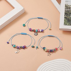 3 個 3 スタイルの月 & 星 & 太陽チャームブレスレットセット  女性用合成ターコイズチップ編組ビーズブレスレット  カラフル  内径：3/8~3-5/8インチ（1.1~9.1cm）  1個/スタイル&nbsp;BJEW-JB09937