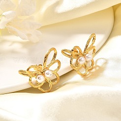 304ステンレススチールスタッドピアス  シェルパール付き  18KGP本金メッキ  花  21x27mm&nbsp;LS-EJEW-A123-01C-G