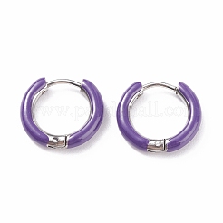 ツートンカラーの304ステンレススチール製チャンキーハギーフープピアス、エナメル加工、女性用  ステンレス鋼色  暗い蘭  10ゲージ  15~16x2.5~3mm  ピン：1mm&nbsp;EJEW-C043-11-04P