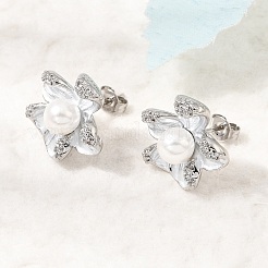 真鍮マイクロパヴェジルコニアエナメルスタッドピアス  花  absプラスチックパール  カドミウムフリー＆鉛フリー  ラックめっき  長持ちメッキ  プラチナ  16.5x17mm&nbsp;CU-CBABA66-12A-P