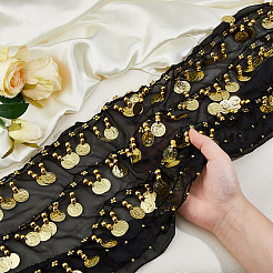 ダンサー用合金コインタッセル布チェーンベルト  ゴールドカラー  ブラック  1380x51~240mm&nbsp;DIY-WH0888-880B