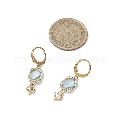 ガラスフレンチフックピアス  304ステンレススチールフレンチフックピアス金具  ハートを付きの矩形  ゴールドカラー  アクア  36x9mm&nbsp;EJEW-JE06397-03