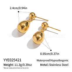 女性用304ステンレススチール製ティアドロップ型スタッドピアス  ゴールドカラー  24x9.5mm&nbsp;OR7893