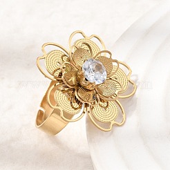 201 Stainless Steel Pave Single Cubic Zirconia Adjustable Cuff Rings for Women&nbsp;RJEW-K318-02I-G