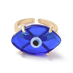 ランプワーク オーバル ウィズ イービル アイ オープン カフ リング  女性のための本物の 18 k 金メッキ真鍮ラッキー ジュエリー  鉛フリー＆カドミウムフリー  ブルー  usサイズ6 1/4(16.7mm)&nbsp;RJEW-I086-13G-01