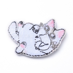 機械刺繍布地手縫い/アイロンワッペン  マスクと衣装のアクセサリー  アップリケ  猫  ホワイト  47x45x2mm&nbsp;DIY-E025-A04