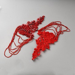 花のガラスラインストーンとビーズのコンピューター刺繍の縫い付け装飾アクセサリー  エスニックスタイルのレースアップリケ  ファイヤーブリック  325x120x5.5mm&nbsp;DIY-WH0308-739