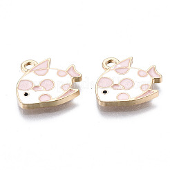 ライトゴールドメッキの合金エナメルペンダント  カドミウムフリー＆鉛フリー  魚  ピンク  15x16x1.5mm  穴：1.8mm&nbsp;X-ENAM-T009-85D-RS