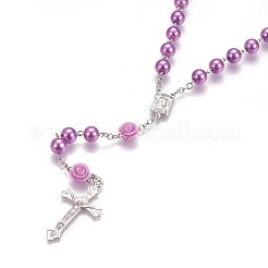 Glass Imitation Pearl Rosary Bead Necklace for Easter&nbsp;NJEW-WH0005-06