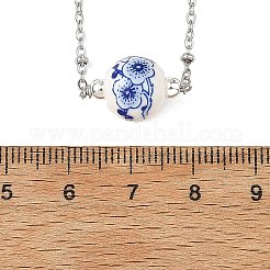 手作りの花柄プリント磁器製ラウンドペンダント、304ステンレススチール製サテライトチェーンネックレス（女性用）  ミックスカラー  ステンレス鋼色  16.65インチ（42.3cm）&nbsp;NJEW-JN06474