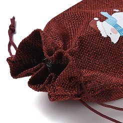 クリスマステーマのジュート布収納バッグ  長方形巾着袋  ファイヤーブリック  クマ  18x13x0.4cm&nbsp;ABAG-F010-01B-04