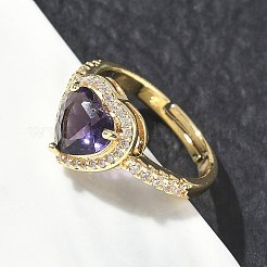 真鍮とパープルハートのキュービックジルコニアを使用した女性用指輪  長持ちメッキ  ゴールドカラー  ハート：11x12mm  内径：18mm&nbsp;CU-CBA7E55-14G