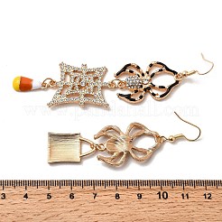 合金クリスタルラインストーンとオレンジエナメルのスパイダーダングルアシンメトリーイヤリング  ゴールドカラー  71~81x19~21mm&nbsp;EJEW-P319-04G