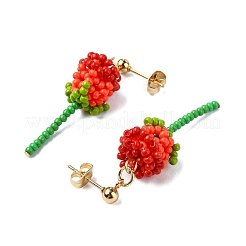 304 Stainless Steel Rose Glass Seed Beaded Dangle Stud Earrings&nbsp;EJEW-MZ00333-01