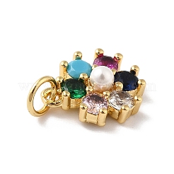 ラックメッキ真鍮マイクロパヴェキュービックジルコニアチャーム  パール付き  カドミウムフリー＆鉛フリー  18KGP本金メッキ  花  カラフル  12.5x10.5x4mm  穴：3.6mm&nbsp;KK-A160-22C-G