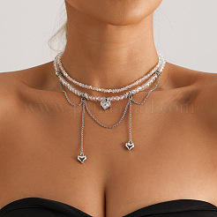 Alloy Pave Clear Cubic Zirconia Heart Tassel 2-Strand Choker Necklaces for Women&nbsp;WGFC514-01