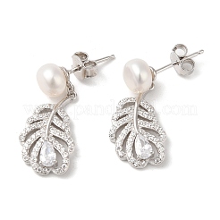 Anti-Tarnish Cubic Zirconia Feather with Natural Pearl Dangle Stud Earrings&nbsp;EJEW-F318-14P