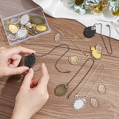 DIYの空白の楕円形のペンダントの装飾製作キット  チベットスタイルの合金ペンダントカボションカットを含む  ガラスカボション  ミックスカラー  24個/セット&nbsp;HJEW-AB00677