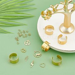 DIYチャームカフリング作りキット  ステンレス鋼のオープン リングパーツを含む  ハート、葉、稲妻、ピースサイン真鍮、合金、304ステンレススチールペンダント、リンクコネクター  ゴールドカラー  32個/箱&nbsp;DIY-UN0003-67