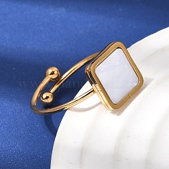 女性用304ステンレススチールカフオープンリング  アクリル正方形で  ゴールドカラー  ホワイト  10x10mm  18mm&nbsp;RJEW-B161-01G-02