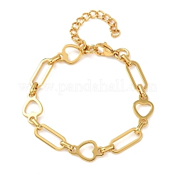 304ステンレススチール製ハート＆ペーパークリップリンクブレスレット（女性用）  ゴールドカラー  6.61インチ（16.8cm）&nbsp;BJEW-F536-21G