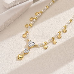 Round Shell Pearl Beaded Brass Pave Clear Cubic Zirconia Heart Pendant Necklaces for Women&nbsp;VQ1969-2