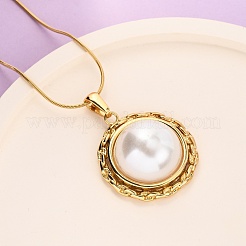 304 Stainless Steel & Acrylic Imitation Pearl Half Round Pendant Snake Chain Necklaces for Women&nbsp;NJEW-F354-07G