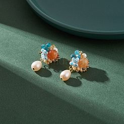 シェル パール ダングル スタッド ピアスと天然カーネリアン & アパタイト ビーズの花  女性用304ステンレススチール編みビーズジュエリー  カラフル  32mm  ピン：0.6mm&nbsp;EJEW-TA00163