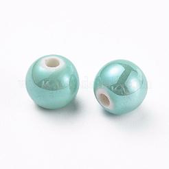 釉薬をかけた磁器ビーズ  光沢のあるセラミックビーズ  ラウンド  アクアマリン  10mm  穴：2~3mm&nbsp;PORC-D001-10mm-03