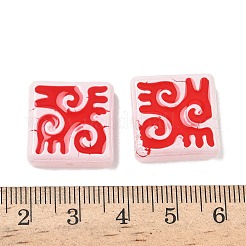 染色・加熱した焼き絵用塗料のガラスビーズ  ルーン文字が刻まれた正方形  エナメル  レッド  18x18x6mm  穴：1.4mm&nbsp;LAMP-D004-03B