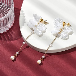 アクリルパールの花びらとシェルパールビーズのスタッドダングルイヤリング  真鍮パーツ  ゴールドカラー  93mm&nbsp;EJEW-YW00005