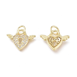 真鍮マイクロパヴェクリアキュービックジルコニアチャーム  丸カン付き  カドミウムフリー＆鉛フリー  長持ちメッキ  翼のあるハートロック  18KGP本金メッキ  11x16x2mm  丸カン：5x0.7ミリ  3.6mm内径&nbsp;ZIRC-L076-051G