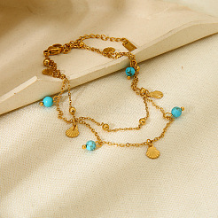 Synthetic Turquoise Round & 304 Stainless Steel Shell Shape Charm Double Layer Anklets for Women&nbsp;FS-WG7A7AF-01