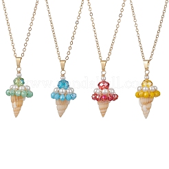 4個 4色 天然スパイラルシェル&電気メッキガラスファセットロンデルビーズアイスクリームペンダント真鍮アズキチェーンネックレス  ゴールドカラー  ミックスカラー  17.72インチ（45cm）  1pc /カラー&nbsp;NJEW-TA00213