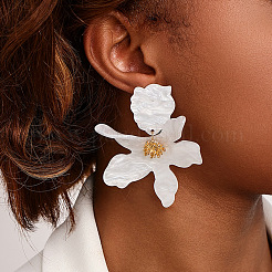バレンタインデーのアクリル＆合金製ダングルスタッドピアス  花  ゴールドカラー  ホワイト  72x60mm&nbsp;WGA54F3-01