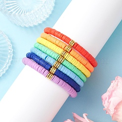 7Pcs 7 Colors Handmade Polymer Clay Heishi & Brass Bead Stretch Bracelets for Women&nbsp;BJEW-MZ00199