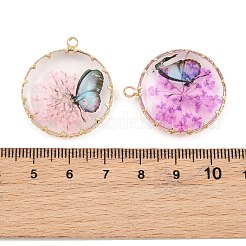 真鍮製ガラスチャーム  バタフライチャーム付きフラットラウンド  ドライフラワーと  ミックスカラー  29x25.5x7mm  穴：2.5mm&nbsp;GL-CBA591C-01G