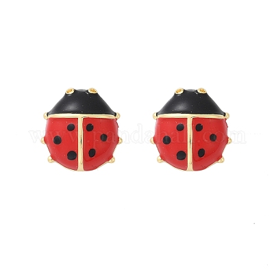 真鍮製スタンドピアス  エナメル  テントウムシ  18KGP本金メッキ  12x12mm&nbsp;EJEW-C134-02G-1