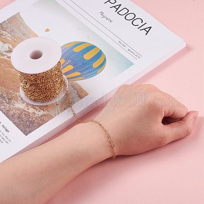 真鍮製アズキチェーン  ハンダ付け  スプールで  フラットオーバル  18KGP本金メッキ  鉛フリーとニッケルフリー  3.5x3x0.4mm  約98.42フィート（30m）/ロール&nbsp;CHC-S003-08G-1