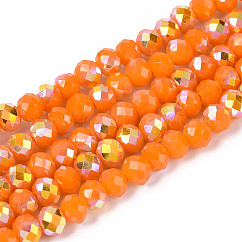 AB Color Plated Opaque Glass Rondelle Beads Strands, Faceted, Orange, 4.5x3.5mm, Hole: 0.7~1mm, about 108~116pcs/strand, 14.76~16.73''(37.5~42.5cm)
