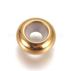 PVD Vacuum Plating 304 Stainless Steel Beads, Long-Lasting Plated, with Rubber Inside, Slider Beads, Rondelle, Golden, 8x4mm, Hole: 3.5mm, Rubber Hole: 2mm